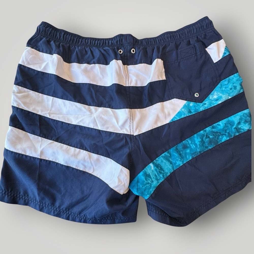 Lands' End Swim Trunks Men's 2XL Navy Blue Striped‎ Colorblock Mesh Lined